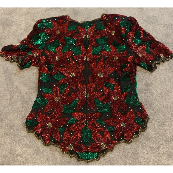 Vintage 80s Laurence Kazar Poinsettia Sequin Top L Holiday Evening Blouse - Picture 4 of 7